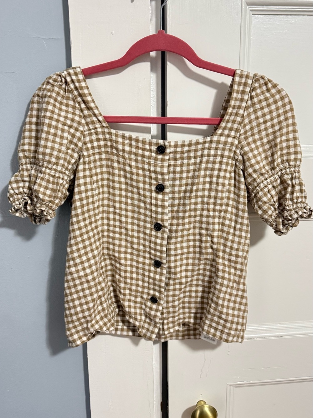 Madewell Women’s Gingham Button-Front Puff Sleeve Top - Tan & White XS